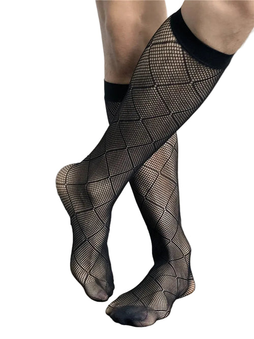"Sophisticated men's sheer dress socks featuring a subtle diamond breeze pattern for a regal, breathable finish – King Lear by Eliot Grey Socks."